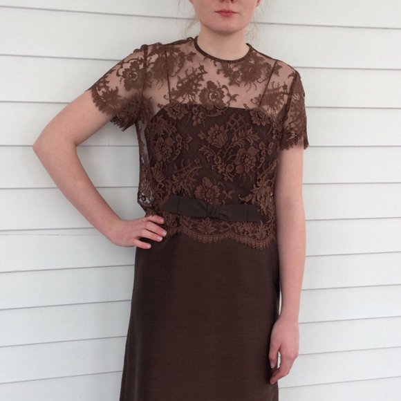 Brown Lace Gown 60s Evening Party S - Picture 2 of 5